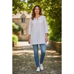 UNTUCKit Durfort Tunic Top Womens 4 White Coral Striped Cotton‎ Split Neck NWT